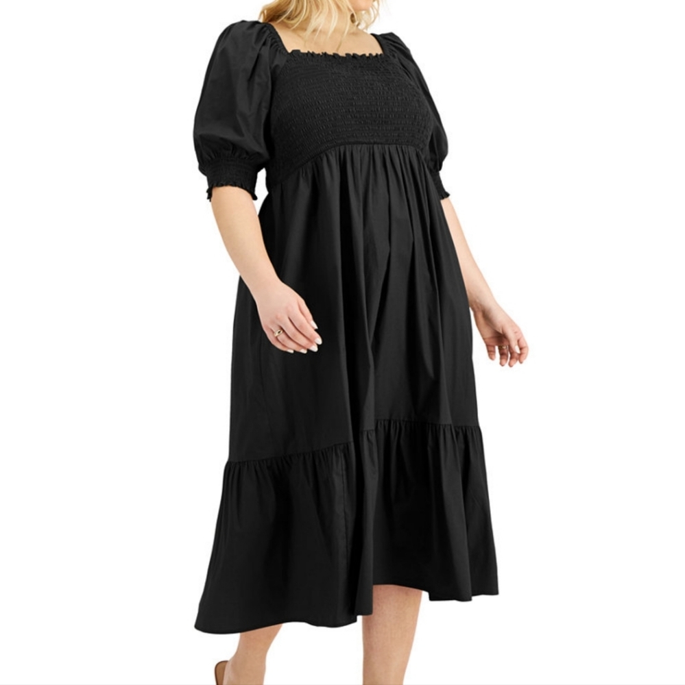 INC smocked puff-sleeve A-line dress